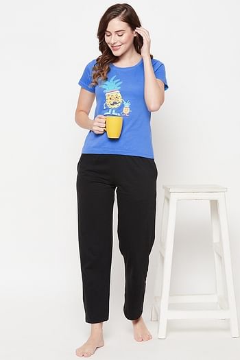 Front listing image for Tutti Frutti Top in Blue & Chic Basic Pyjama in Black - 100% Cotton