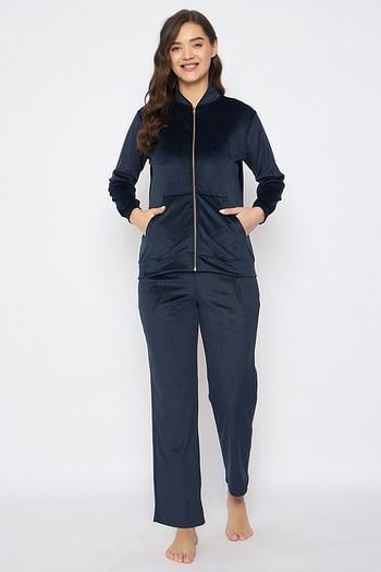 Front listing image for Chic Basic Jacket & Pyjama Set in Navy - Velour