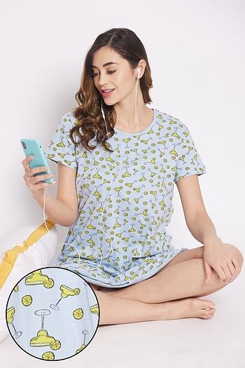 Front listing image for Margarita Print Short Night Dress in Light Blue - 100% Cotton