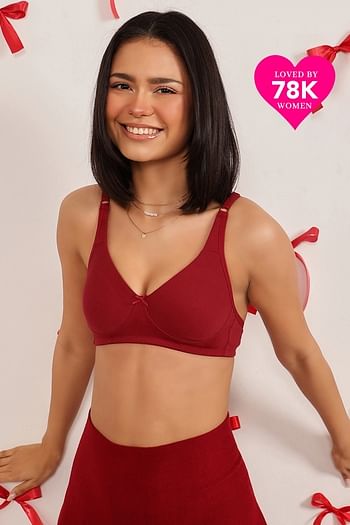 Front listing image for Non-Padded Non-Wired Full Coverage Bra with Double Layered Cups In Maroon - Cotton Rich