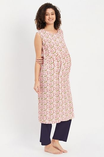 Front listing image for Maternity Leaf Print Tunic Top in White & Chic Basic Pyjama in Navy - Cotton