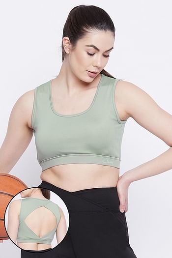 Front listing image for Medium Impact Non-Padded Sports Bra in Sage Green with Removable Pads	