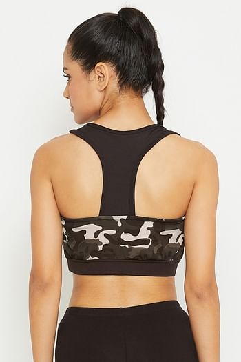 Back listing image for Medium Impact Padded Camouflage Print Racerback Sports Bra in Dark Grey