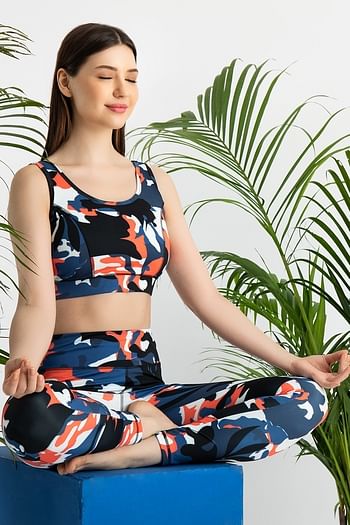 Front listing image for Medium Impact Padded Camouflage Print Sports Bra & Mid-Rise Tights in Blue with Side Pockets