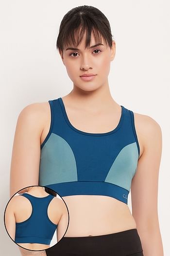 Front listing image for Medium Impact Padded Colourblocked Racerback Sports Bra in Teal Blue