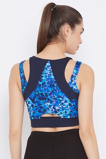 Back listing image for Medium Impact Padded Geometric Print Racerback Sports Bra in Blue