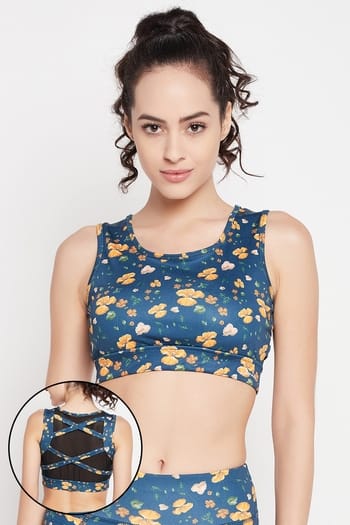 Clovia Medium Impact Padded Floral Print Sports Bra in Navy