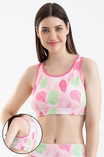 Front listing image for Medium Impact Padded Leaf Print Sports Bra in Soft Pink with Removable Cups