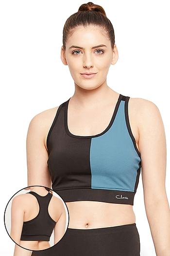 Front listing image for Medium Impact Padded Non-Wired Colourblock Sports Bra in Black with Removable Cups