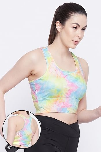 Front listing image for Medium Impact Padded Non-Wired Marble Print Sports Bra in Multicolour with Removable Cups