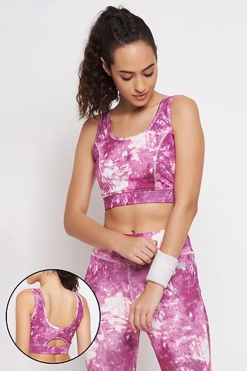 Front listing image for Medium Impact Padded Non-Wired Marble Print Sports Bra in Pink with Removable Cups