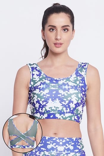 Clovia Medium Impact Padded Non-Wired Printed Sports Bra in Light Blue with Removable Pads