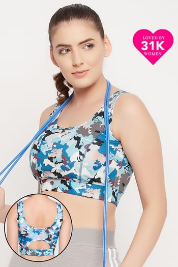 Clovia Medium Impact Padded Camouflage Print Sports Bra in Blue with Removable Cups