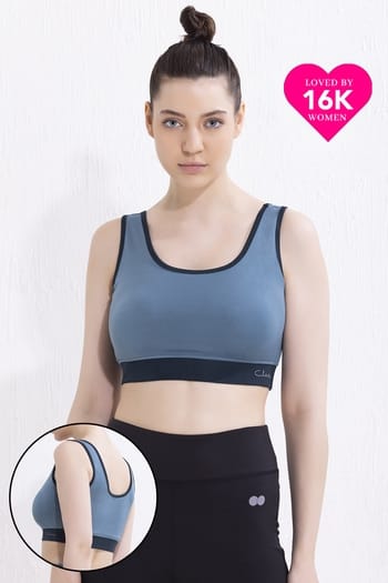 Clovia Medium Impact Padded Non-Wired Sports Bra in Baby Blue with Removable Cups