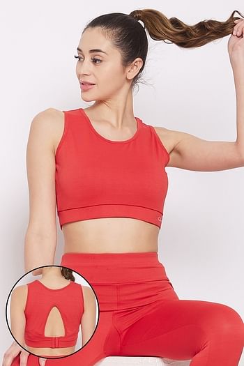 Front listing image for Medium Impact Padded Non-Wired Sports Bra in Red with Removable Cups
