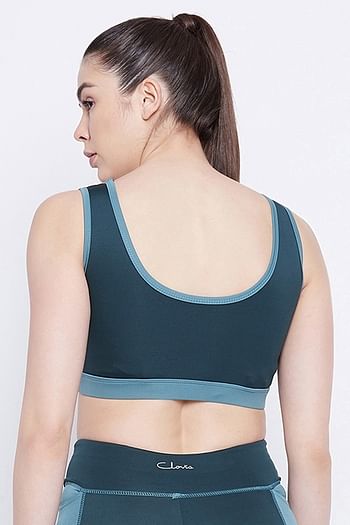 Back listing image for Medium Impact Padded Non-Wired Sports Bra in Teal Blue with Removable Cups	