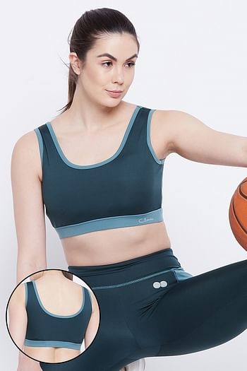 Front listing image for Medium Impact Padded Non-Wired Sports Bra in Teal Blue with Removable Cups	