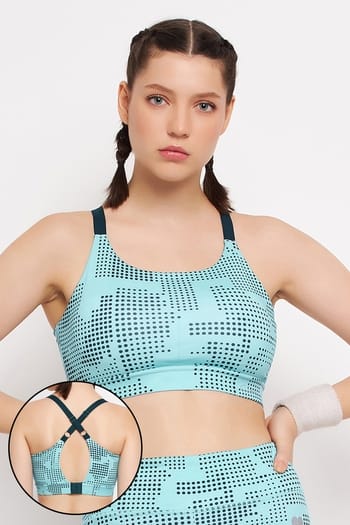 Clovia Medium Impact Padded Printed Sports Bra in Blue with Removable Cups