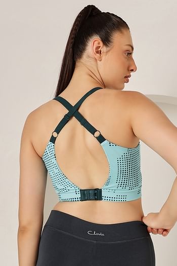 Back listing image for Medium Impact Padded Printed Sports Bra in Sky Blue with Removable Cups
