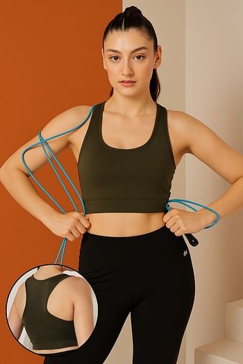 Front listing image for Medium Impact Padded Racerback Sports Bra in Olive Green