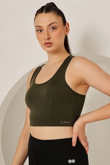 Back listing image for Medium Impact Padded Racerback Sports Bra in Olive Green