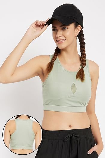Front listing image for Medium Impact Padded Racerback Sports Bra with Removable Cups in Sage Green	