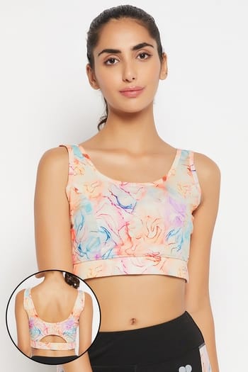 Clovia Medium Impact Padded Marble Print Active Sports Bra in Multicolour