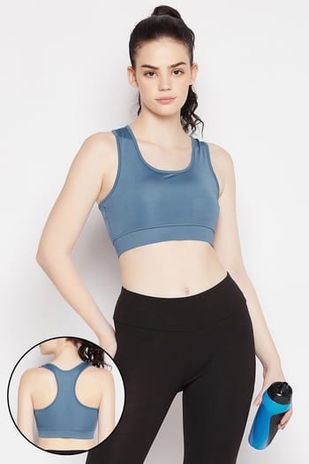 Clovia Medium Impact Padded Sports Bra in Stone Blue with Racerback