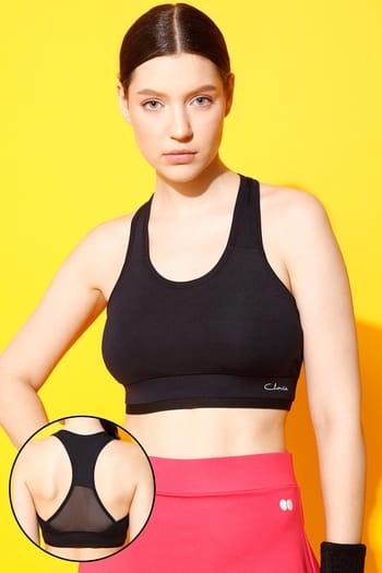 Clovia Medium Impact Padded Sports Bra with Mesh Racerback Design in Black