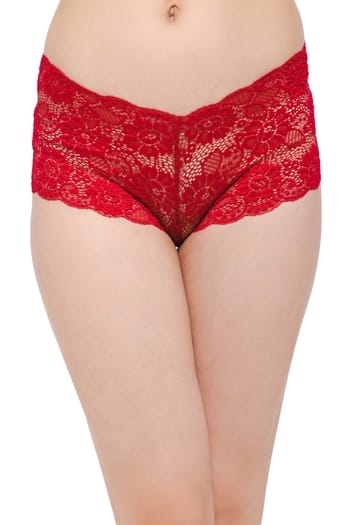 Clovia Mid Waist Boyshorts in Red - Lace