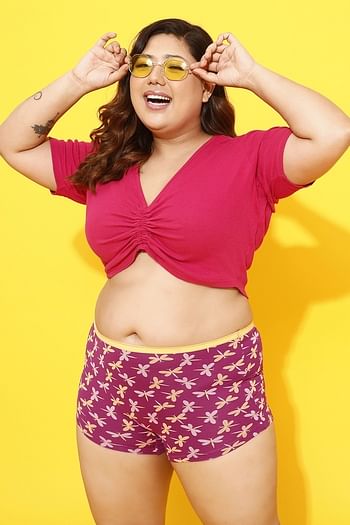 Front listing image for Mid Waist Dragonfly Print Boyshorts in Maroon - Cotton