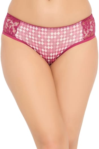 Clovia Mid Waist Checkered Print Hipster Panty with Lace Panels in Magenta