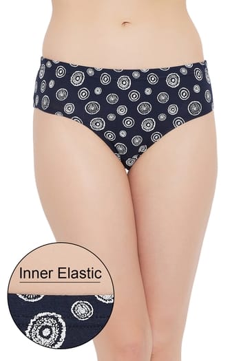 Clovia Mid Waist Printed Hipster Panty in Navy with Inner Elastic - Cotton