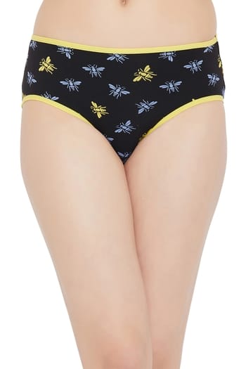 Clovia Mid Waist Dragonfly Print Hipster Panty in Black - Cotton