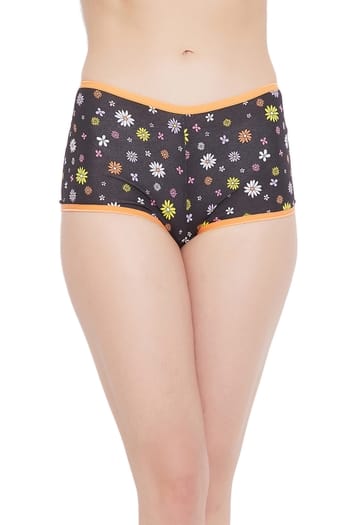 Clovia Mid Waist Floral Print Boyshorts in Black - Cotton