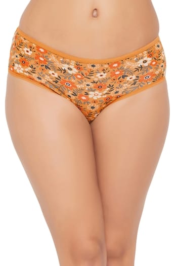 Clovia Mid Waist Floral Print Hipster Panty in Mustard Yellow - Cotton