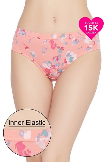 Front listing image for Mid Waist Floral Print Hipster Panty in Peach with Inner Elastic - Cotton	