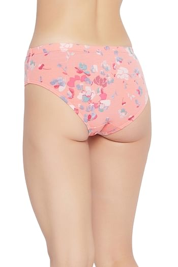 Back listing image for Mid Waist Floral Print Hipster Panty in Peach with Inner Elastic - Cotton	