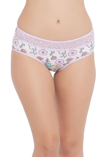 Front listing image for Mid Waist Floral Print Hipster Panty in White with Lace Waist