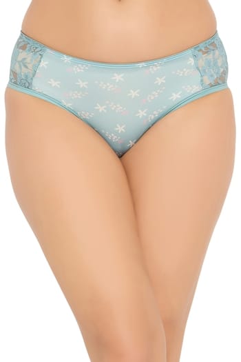 Clovia Mid Waist Floral Print Hipster Panty with Lace Panels in Baby Blue