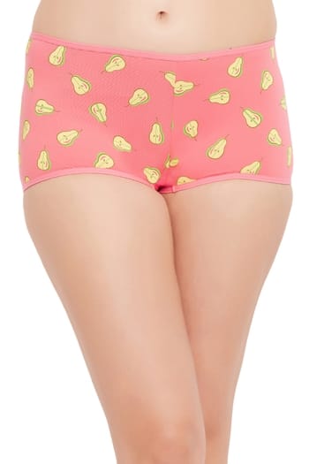 Clovia Mid Waist Fruit Print Boyshorts in Salmon Pink - Cotton