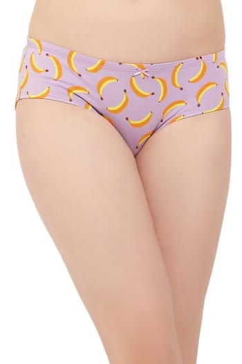 Clovia Mid Waist Fruit Print Hipster Panty in Lilac with Inner Elastic - Cotton