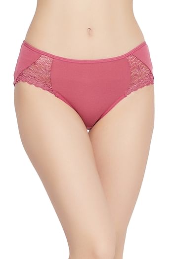 Front listing image for Mid Waist Hipster Panty in Dusky Pink with Lace Inserts - Cotton	