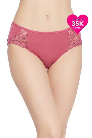 Front listing image for Mid Waist Hipster Panty in Dusky Pink with Lace Inserts - Cotton	