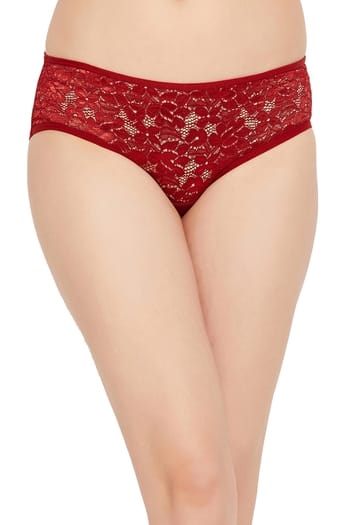 Clovia Mid Waist Hipster Panty in Maroon with Sheer Back - Lace