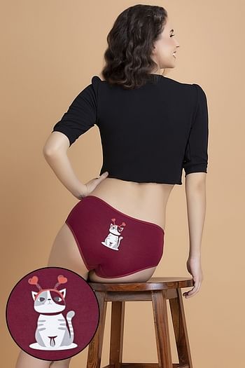 Front listing image for Mid Waist Kitty Print Hipster Panty in Maroon - Cotton	