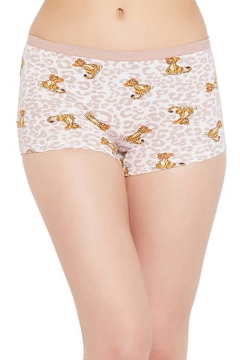 Clovia Mid Waist Leopard Print Boyshorts in White - Cotton