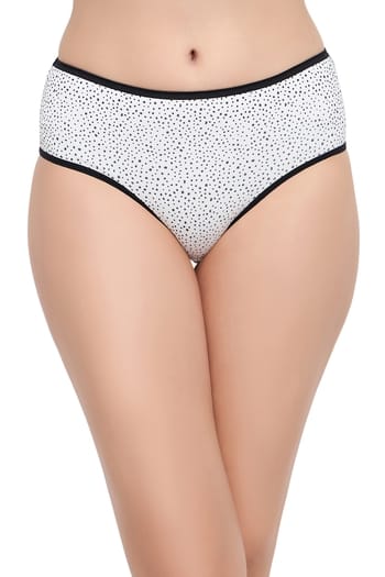 Clovia Mid Waist Polka Dot Print Hipster Panty in White with Sheer Back