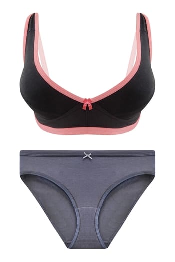 Clovia Non-Padded Non-Wired Demi Cup Bra & Low Waist Bikini Panty Set in Dark Grey - Cotton