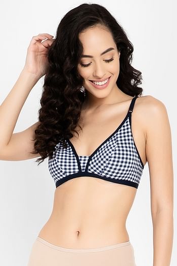 Front listing image for Non-Padded Non-Wired Demi Cup Checkered Plunge Bra in Navy Blue - 100% Cotton